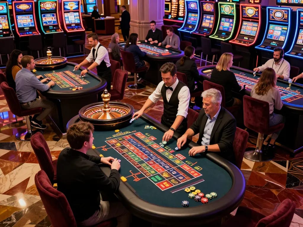 Experience the excitement at ALO8 with players at roulette tables during an action-packed gaming session.