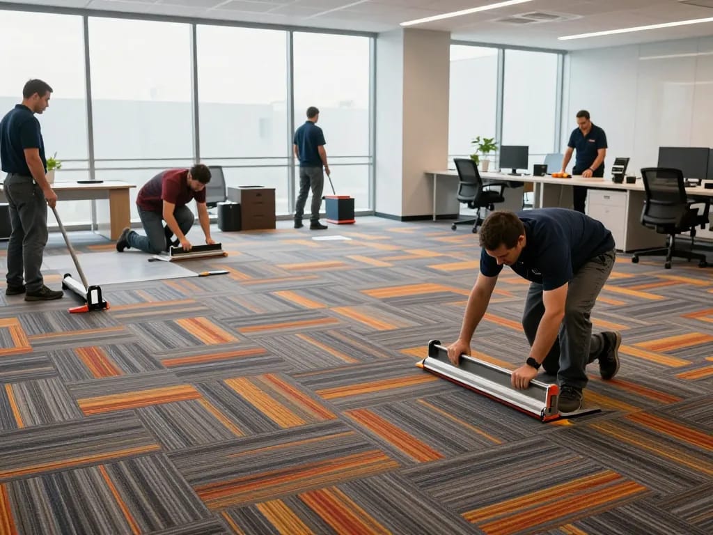 Commercial carpet installation in progress, showcasing skilled team laying durable carpet tiles in a modern office.