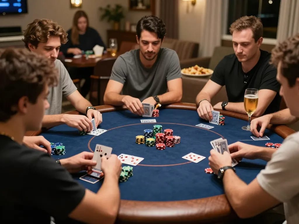 Friends enjoying an intense poker game at home, showcasing the iwin strategy for winning games.