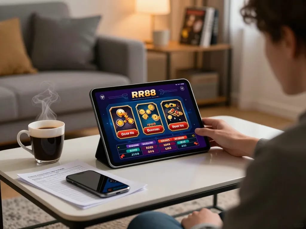 Person using RR88 casino app on a tablet in a cozy home setting, showcasing strategic gaming.