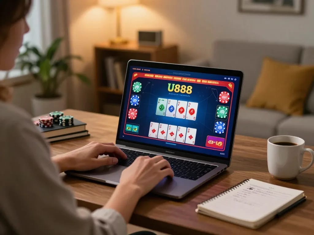 Engaged user strategizing with U888 poker game on laptop in cozy home setting