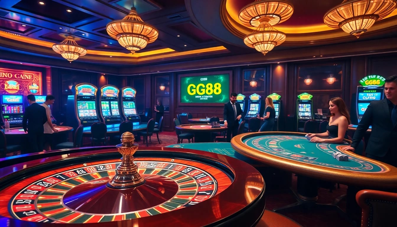 Experience the thrill of gambling at GG88 with vibrant tables, roulette wheels, and poker chips.