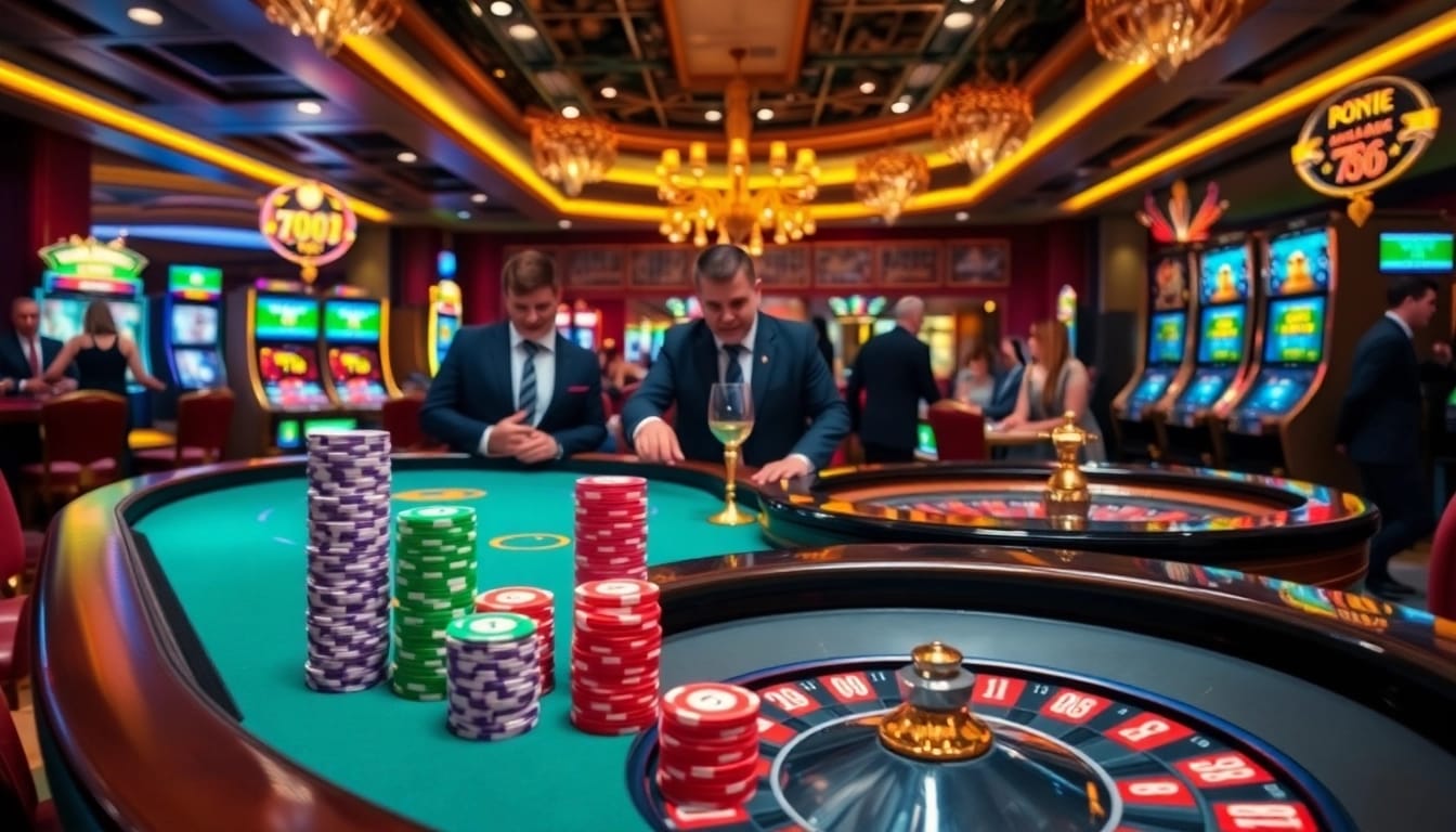 Experience the thrill of 789p at an elegant casino with poker, roulette, and vibrant slot machines.