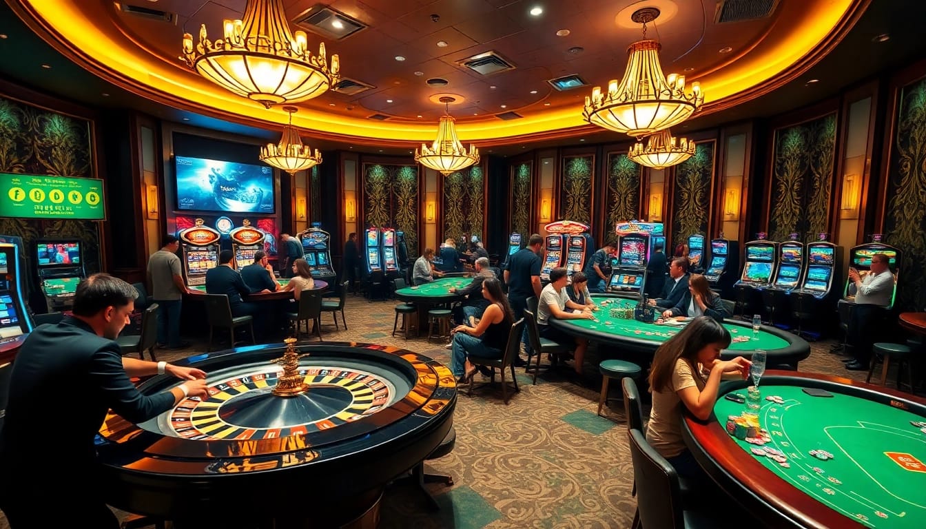 Players enjoying the thrill of 'lo de uy tin' at a vibrant casino with roulette and poker tables.
