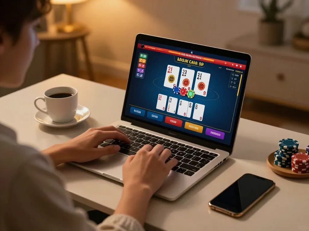 Engaged player using 888top for online casino betting at stylish home desk