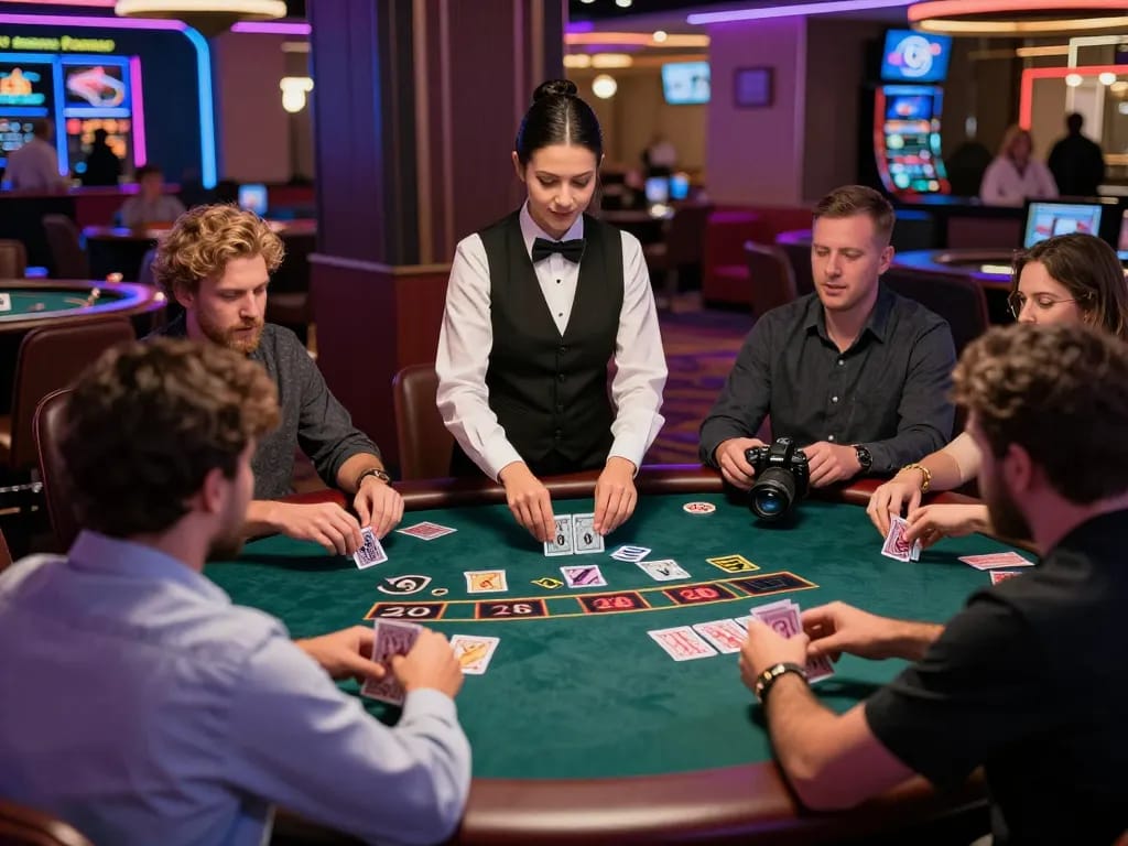 Players engage in a live dealer blackjack game at O8, showcasing vibrant casino energy.