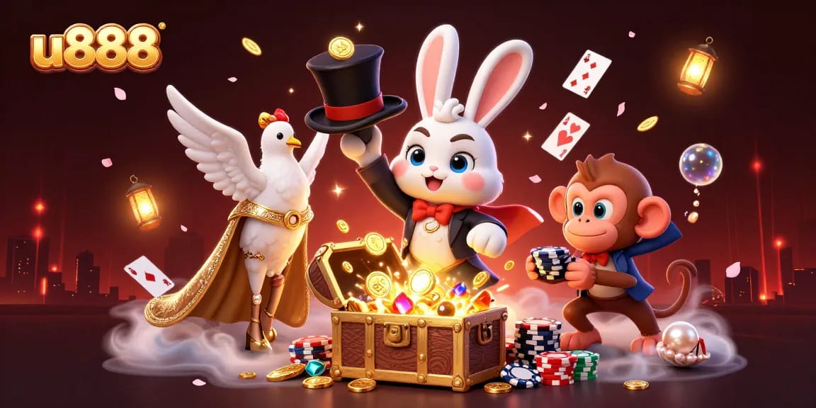 Experience thrilling adventures with u888 as a magician rabbit conjures coins alongside other lively casino characters.