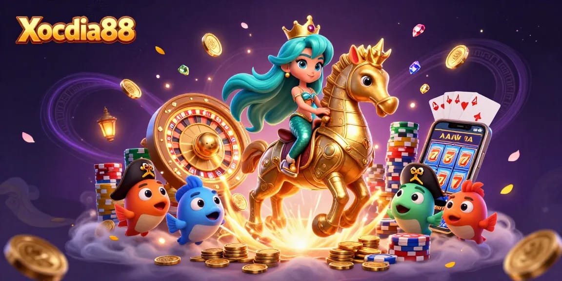 Xocdia88 captivates players with a vibrant 3D scene featuring a magical mermaid, seahorse, and casino elements.