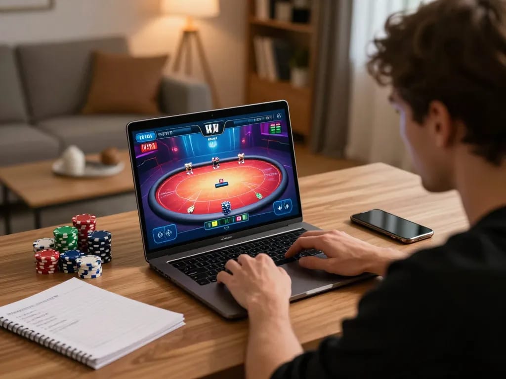 Engaging in Pragmaticplay online poker gaming at home, showcasing strategy notes and colorful chips