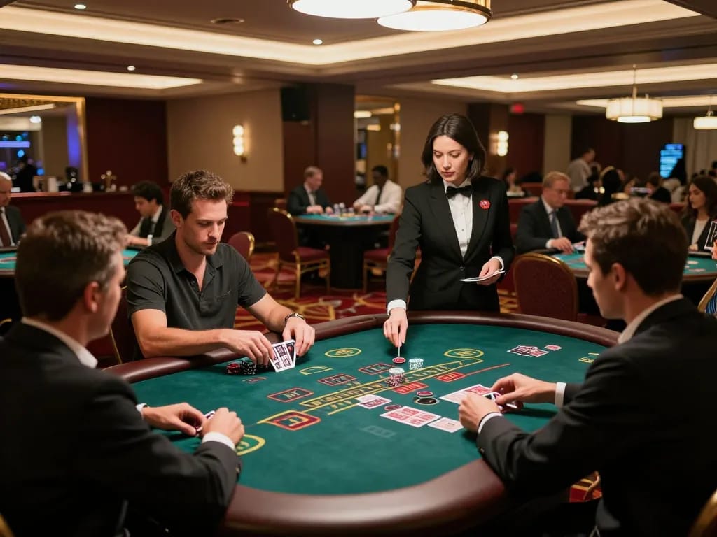 man88 players strategizing during an intense blackjack game at a luxurious casino.