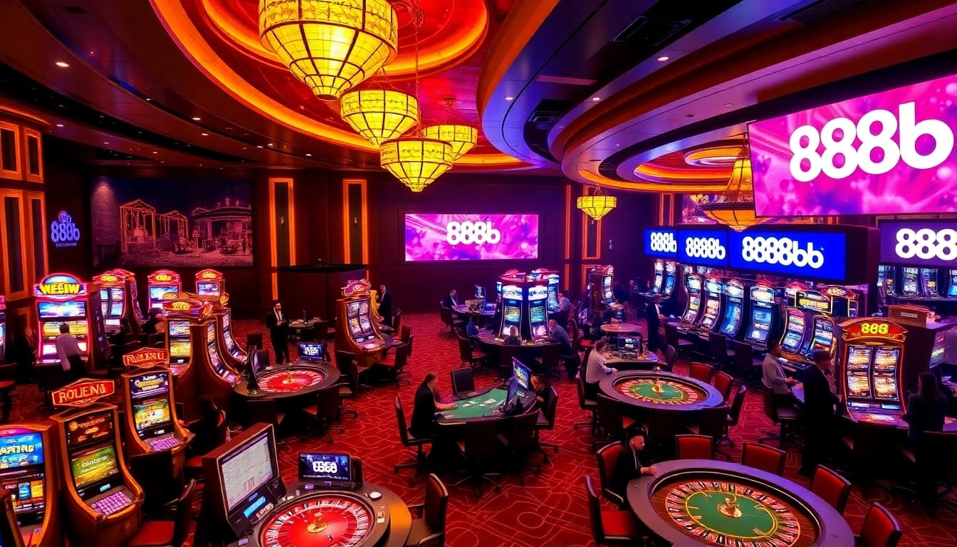 Experience the thrilling casino ambiance at 888b with vibrant tables and slot machines.