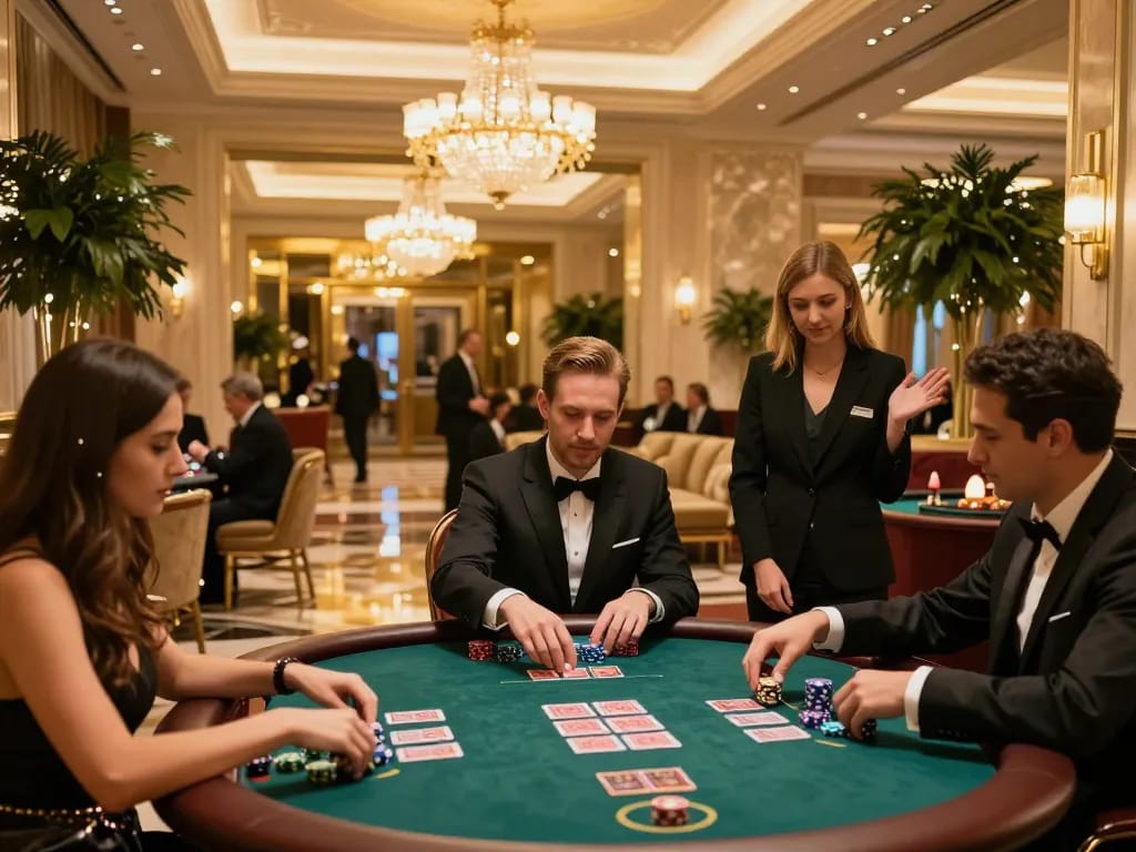 Guests enjoying high-stakes poker at TOT88 casino, lively atmosphere with luxury decor.