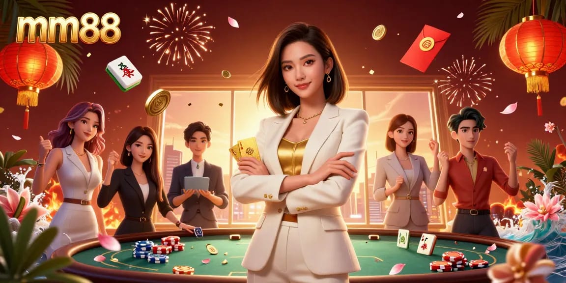 Enjoy thrilling gameplay at mm88, where a confident Asian woman showcases poker skills amid vibrant casino elements.