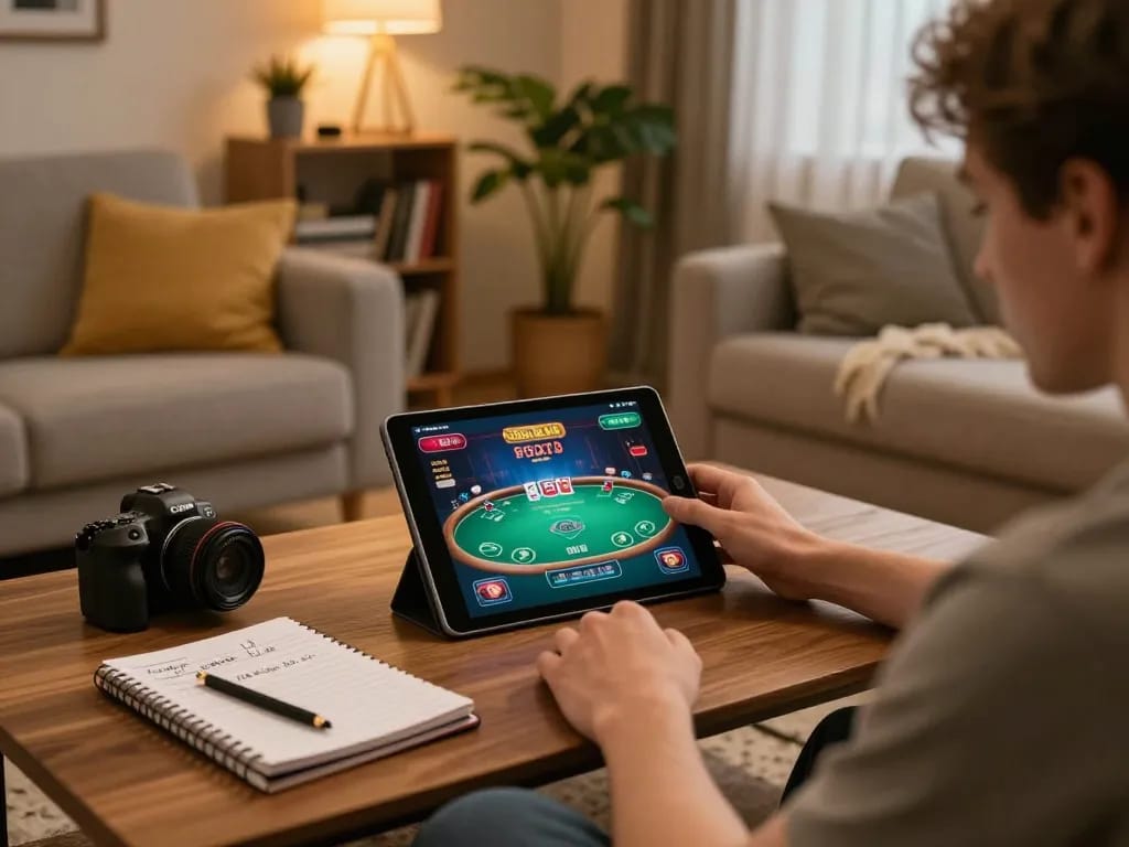 Player enjoying poker on their tablet at home, showcasing 78winvina and promoting responsible gaming.