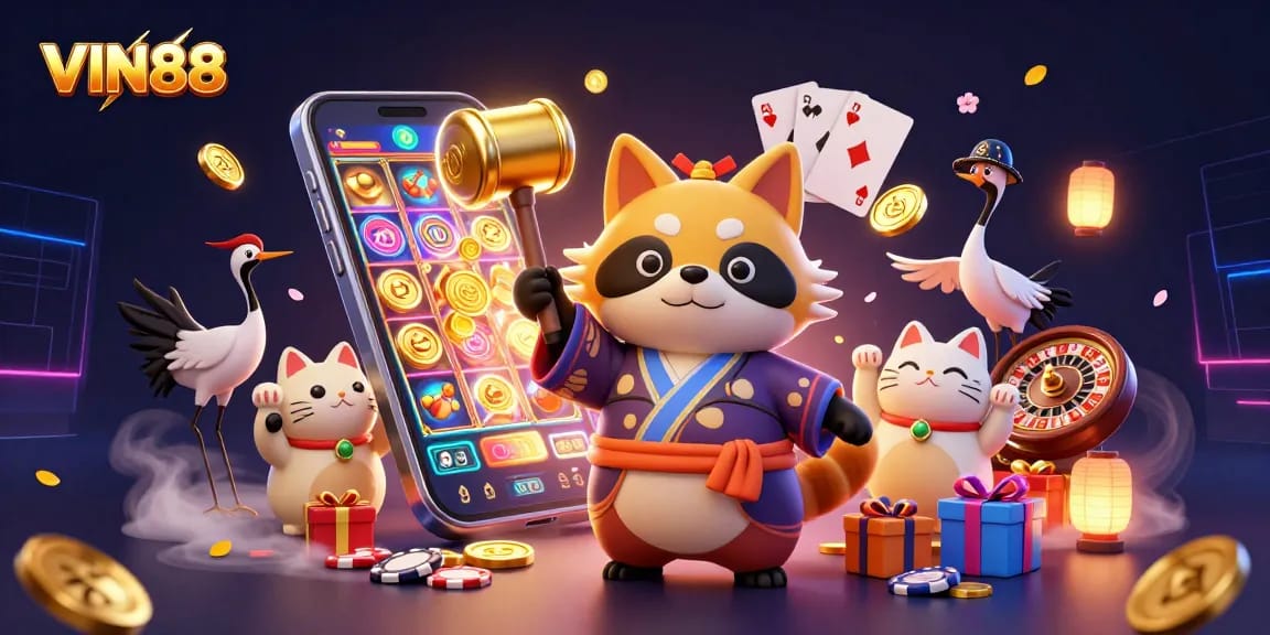 VIN88 slots featuring cheerful tanuki and lucky symbols in vibrant 3D casino scene