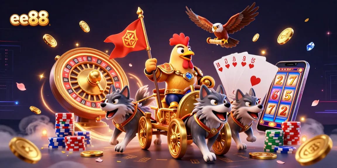 Engage with ee88's vibrant online casino experience featuring a rooster warlord amid golden coins and game elements.