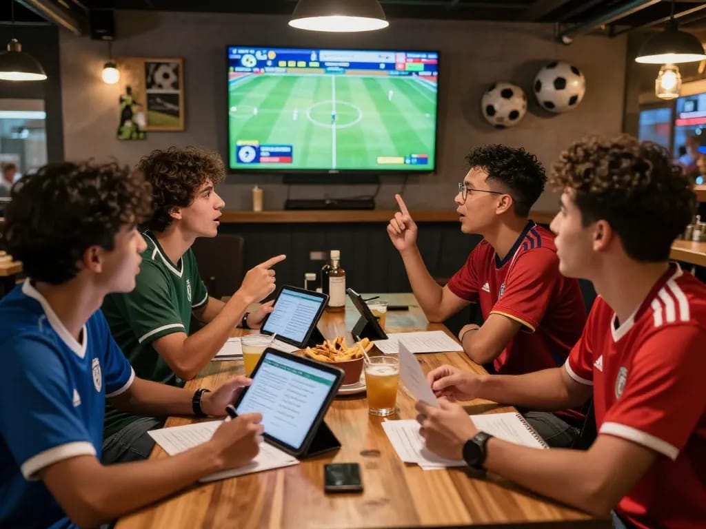 Enthusiastic fans discussing soccer tips in a lively sports bar.
