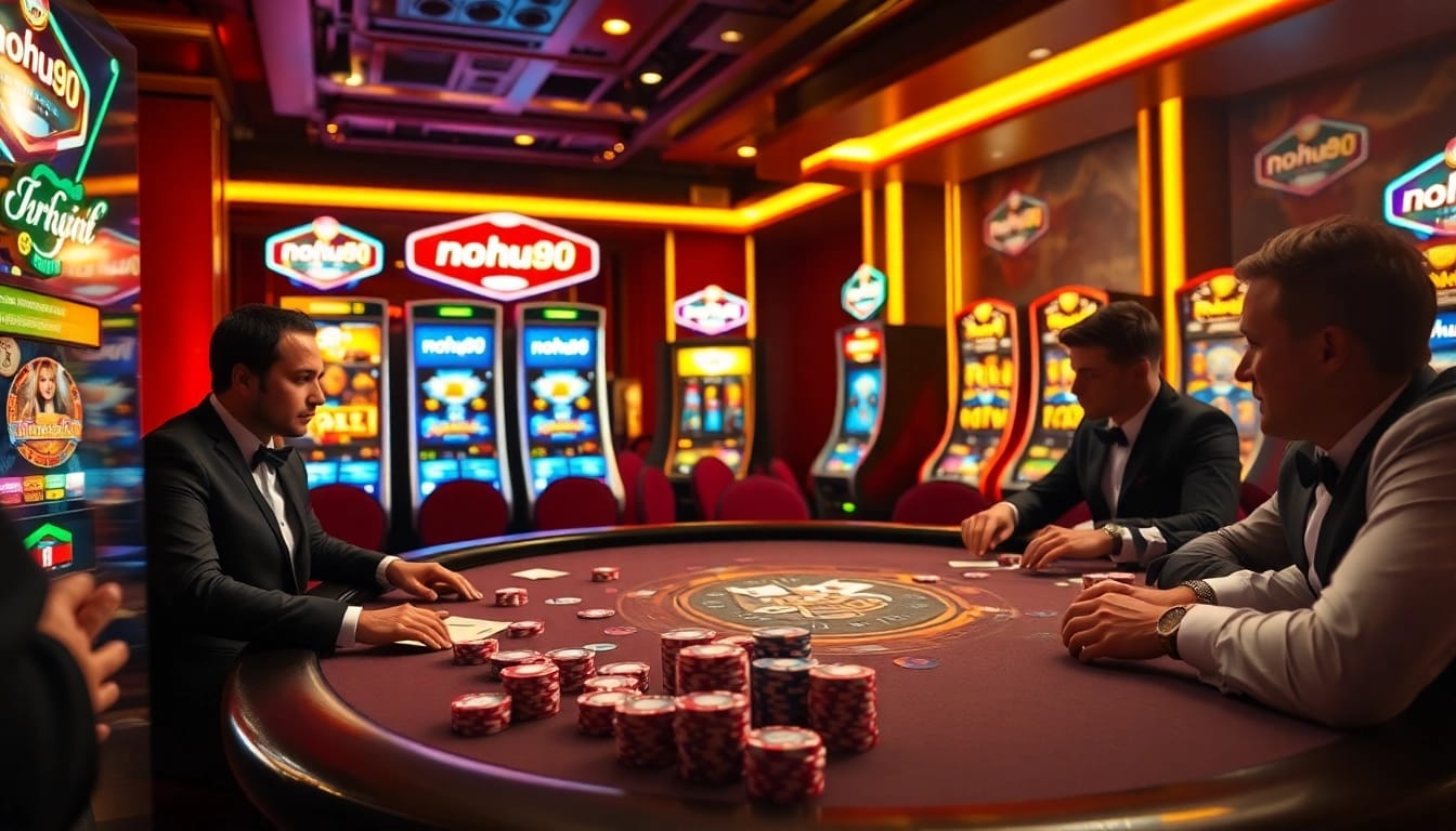 Players engage in strategic poker at a luxurious casino table, showcasing nohu90 wagering excitement.