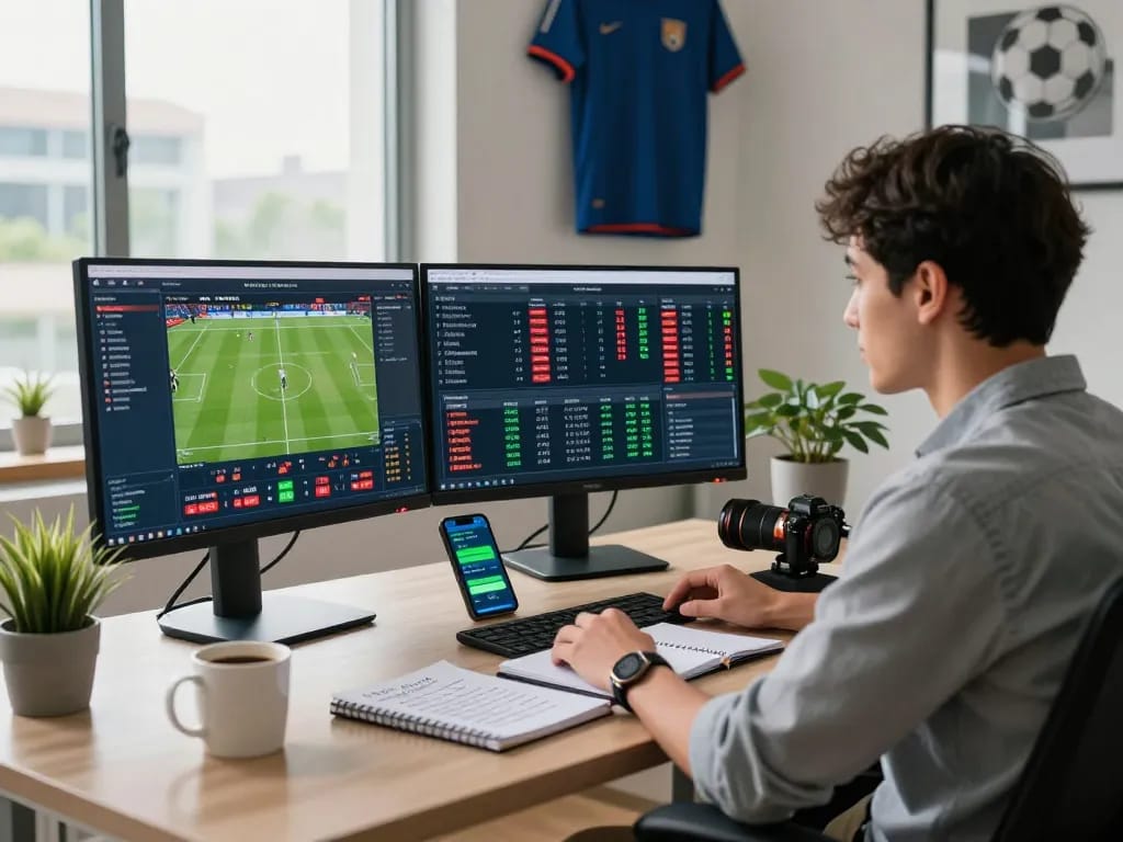 Analyzing kèo nhà cái in a modern workspace with multiple screens displaying live betting odds and statistics.