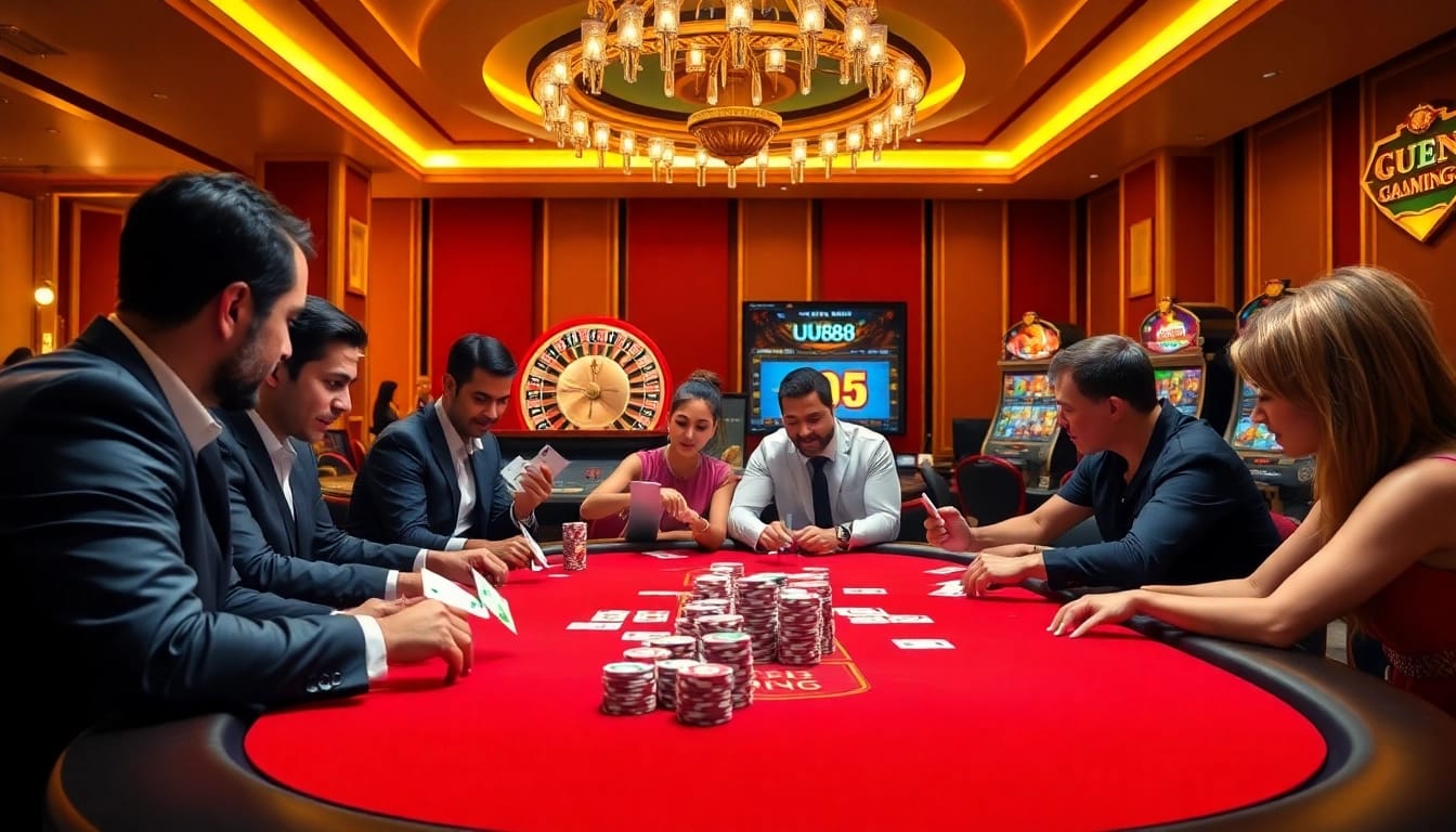UU88 players enjoy a thrilling poker game with vibrant chips and a glamorous casino atmosphere.