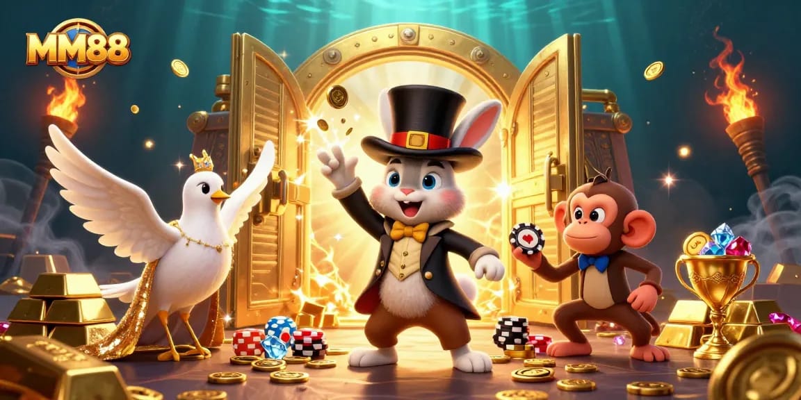 Experience winning moments at MM88 with a lively illustration featuring magical themes and casino elements.