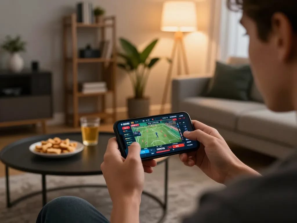 Engaging in sports betting on smartphone with DEBET app in a cozy home setting.
