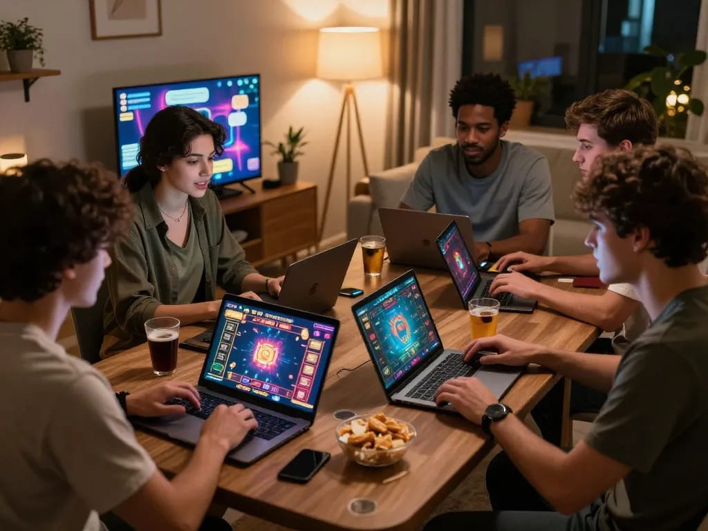 Engaging players on Trang chủ Lucky88 enjoying online casino games in a cozy living room.