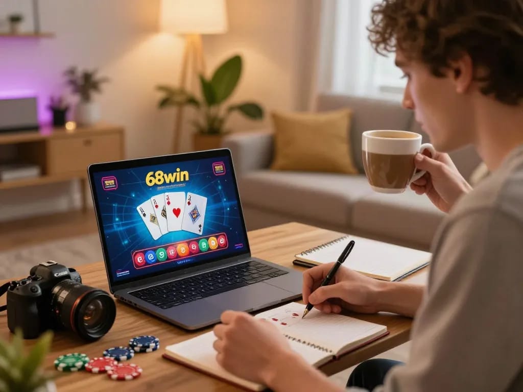 Player immersed in online 68win casino game strategy at home, laptop displaying cards and betting.