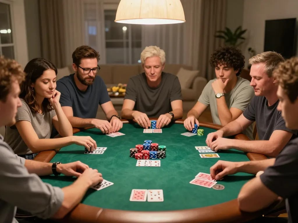 Taking part in a vibrant home poker game with va88 friends, chips and cards all around, warm atmosphere.