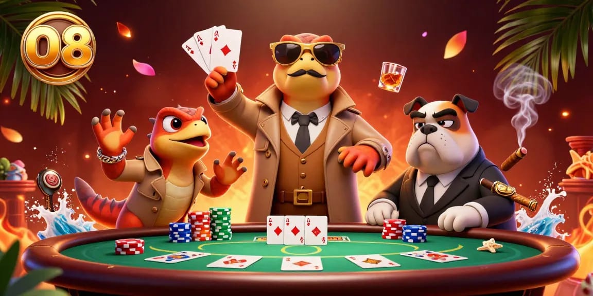 Experience the excitement at O8 casino with raptors sneaking into VIP lounge while enjoying poker action.