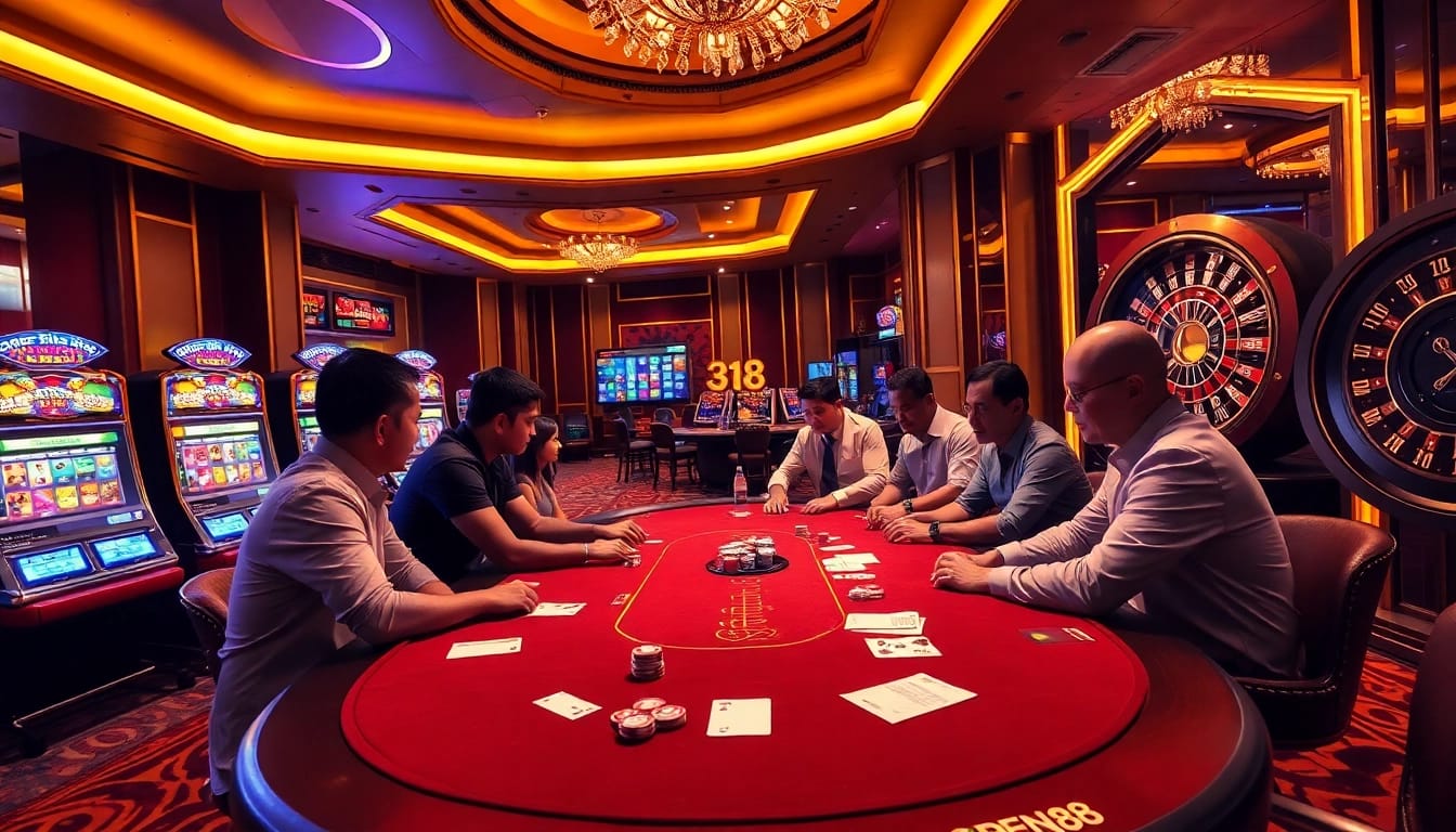 Exciting poker players at a luxurious OPEN88 casino table with vibrant slot machines.
