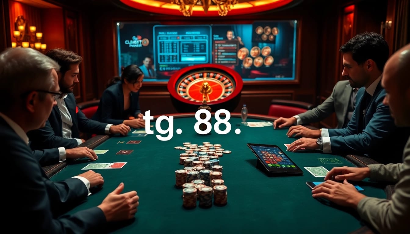 Engage in thrilling gameplay at https://tg88.to/ with elegant poker chips and cards on a luxurious casino table.