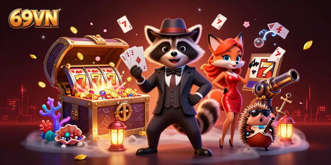 Experience thrilling gameplay with 69VN's unique casino elements featuring a raccoon and fox.