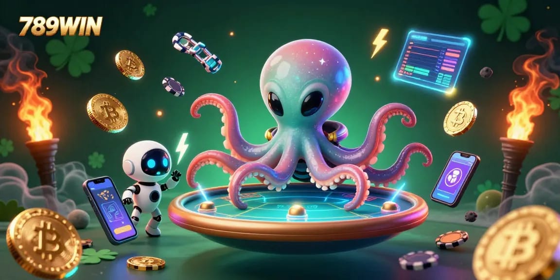 Experience thrilling games at 789WIN with this dynamic illustration featuring an animated alien octopus at a poker table.