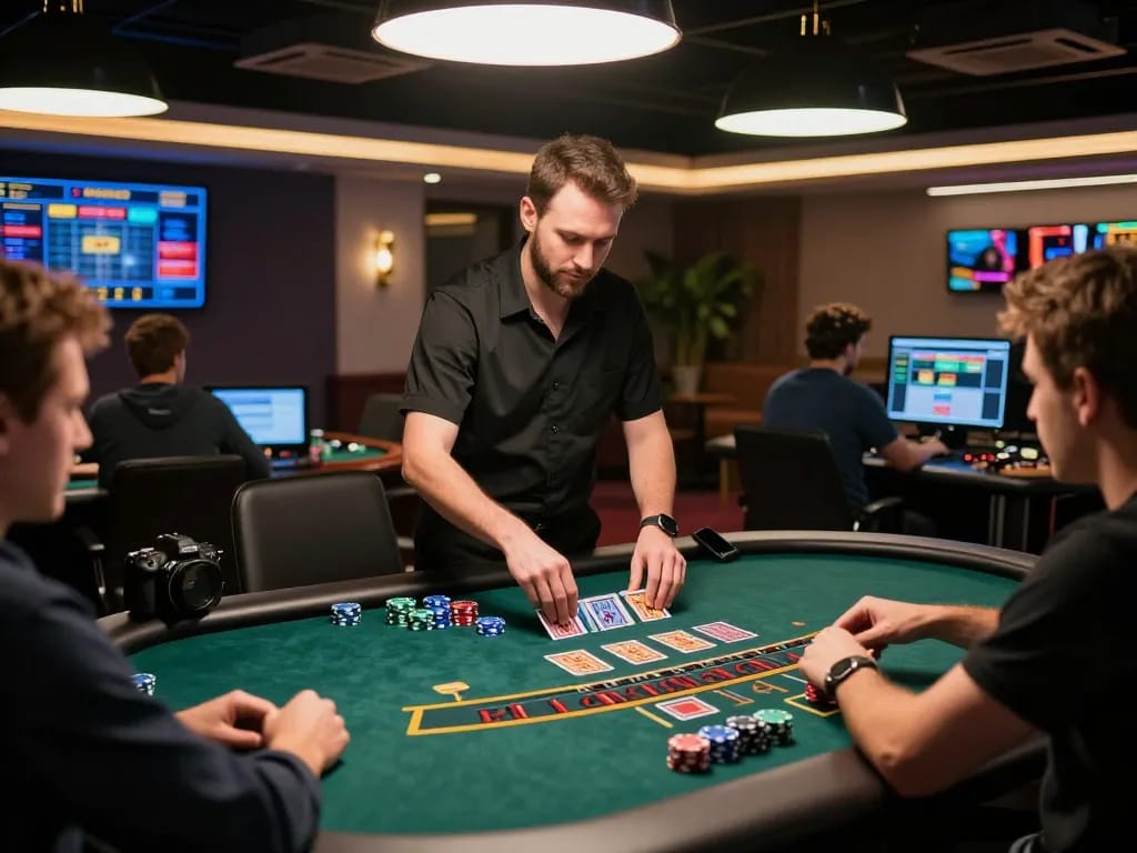 Engaged players strategizing in an Ax88 online blackjack game with a professional dealer.