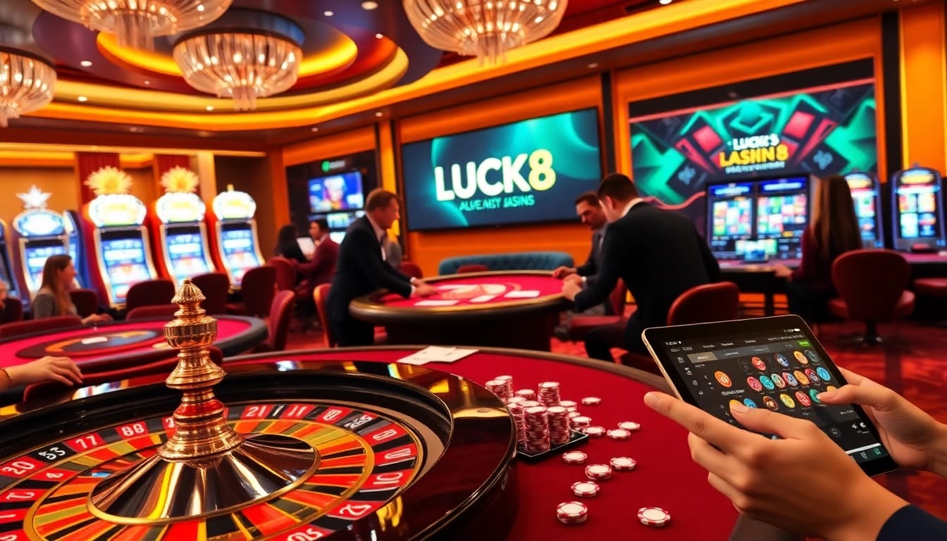 Experience exciting gaming action at LUCK8 with vibrant casino tables and slot machines.