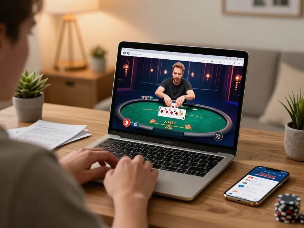Player strategizing on iwinclub during an intense online poker game with laptop.