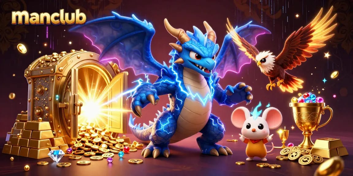 Engage with manclub's thrilling slot games surrounded by treasure, dragons, and dynamic energy.