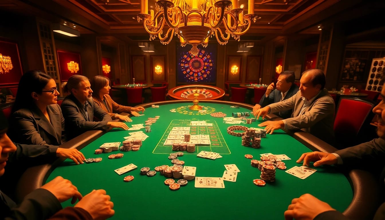 Players strategizing at a poker table while engaging with https://98win9.bid/ for thrilling casino experiences.