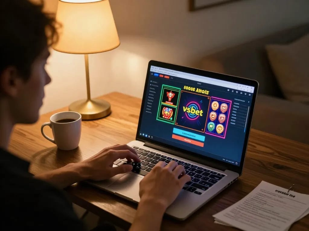 Player engaged in online vsbet casino gameplay with colorful graphics and strategic notebook