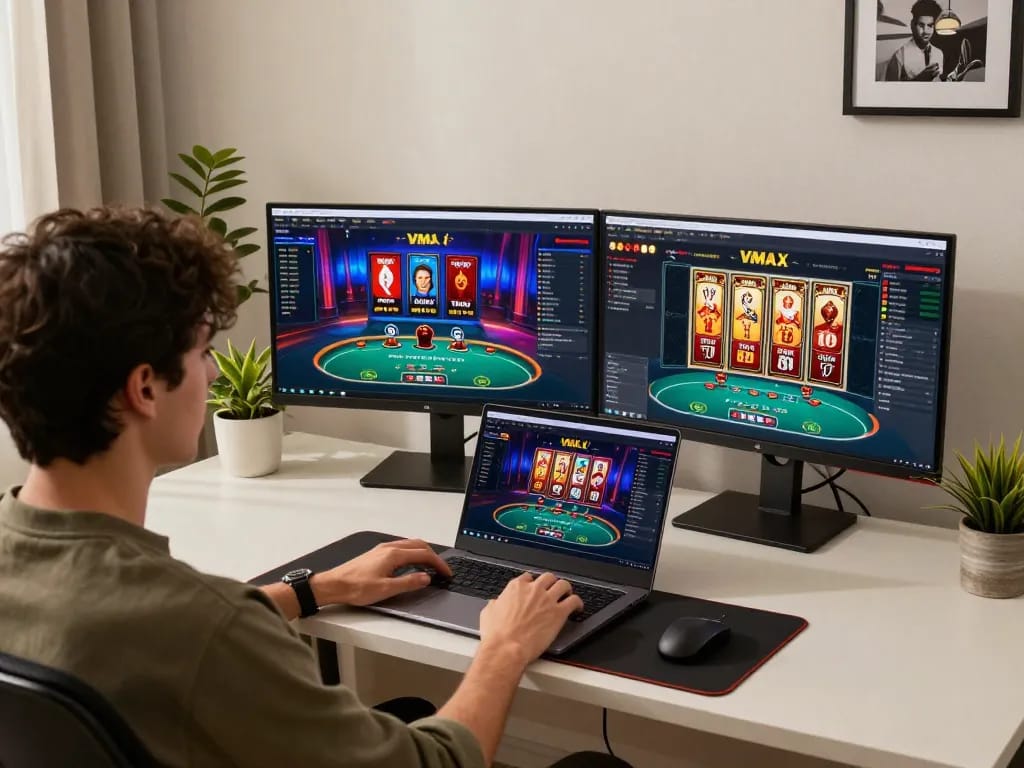 Engaging in strategic gameplay at VMAX online casino from a modern home office