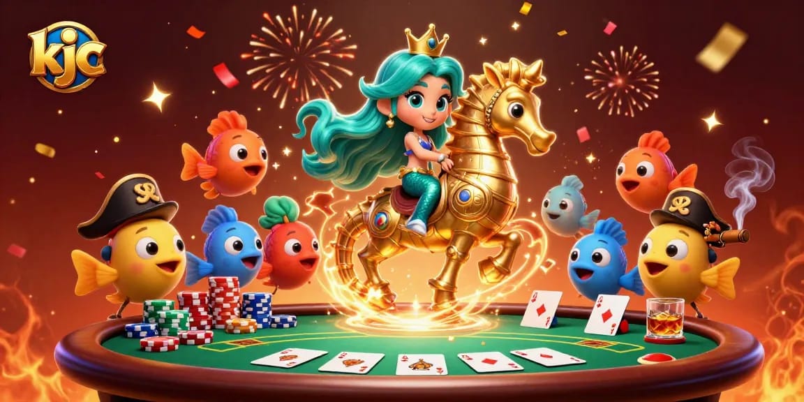 Experience the magic of KJC with a vibrant casino-themed scene featuring a mermaid and poker elements.