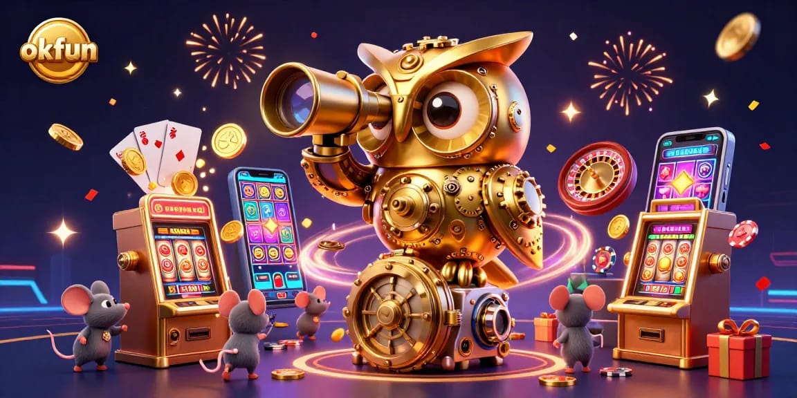 Spin to win with okfun's vibrant digital casino scene featuring whimsical characters and exciting game elements.