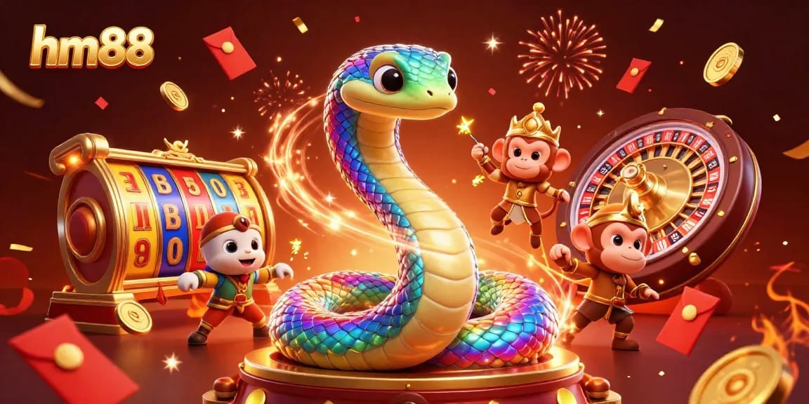 Spin winning slots with hm88, featuring an enchanting monkey king and a vibrant rainbow serpent.
