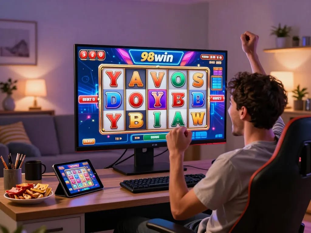 Player celebrating a win on 98win online casino slot game, joyful expression in a cozy home setting.