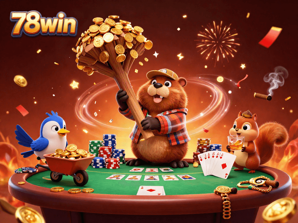 Win big with 78win as a beaver chops a tree raining gold coins at a lively casino scene.