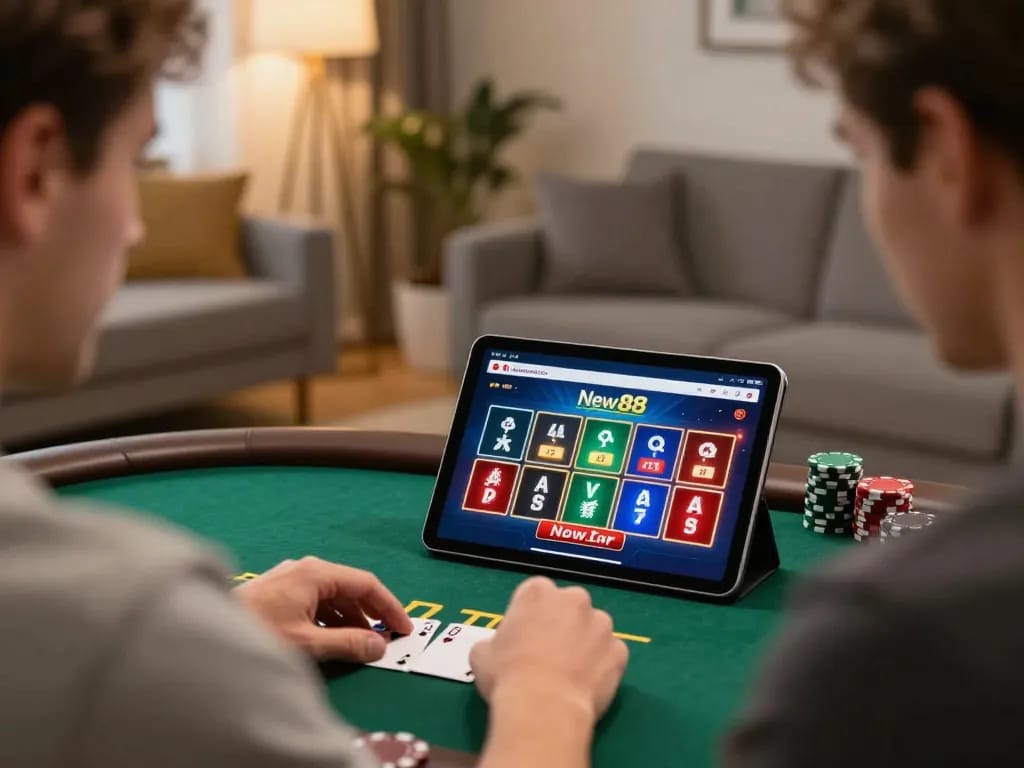 Engaging with the New88 gaming app while strategizing betting at home, showcasing a comfortable gambling environment.