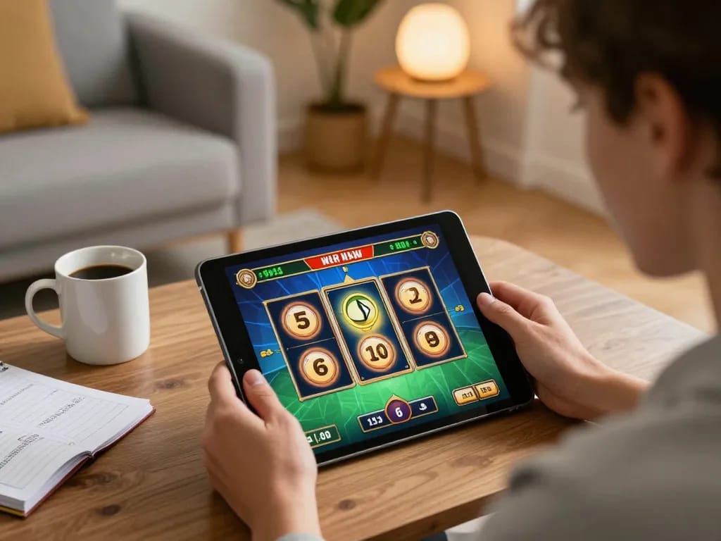 Engage in online gaming with LV88 on a tablet, showcasing excitement in a stylish home setting.