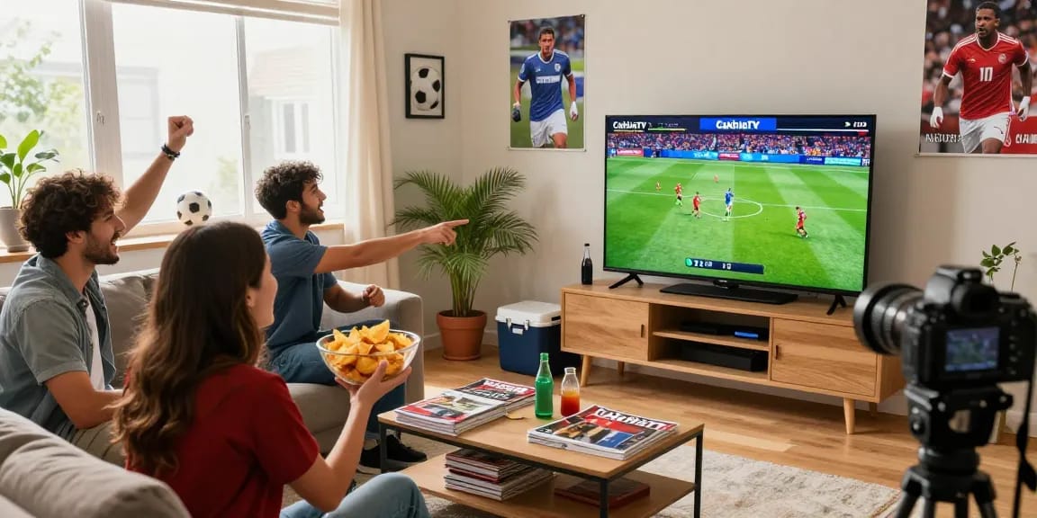 CakhiaTV football viewing party scene with friends celebrating a live match in a cozy living room.