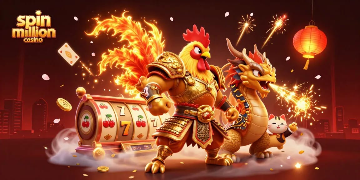 Spin million casino illustration with a cartoon rooster and dragon in a vibrant casino scene filled with game elements.